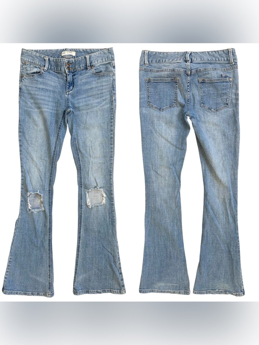 Y2K Free People Ultra Low Rise Flare Leg Medium Wash Ripped Jeans Size 26